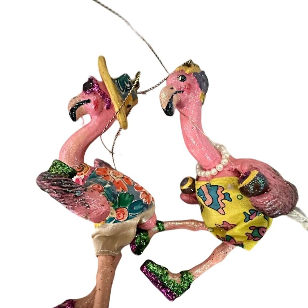 December Diamonds Flamingo Ornaments Set/2 Bejeweled Hand-Painted 5" Multicolor